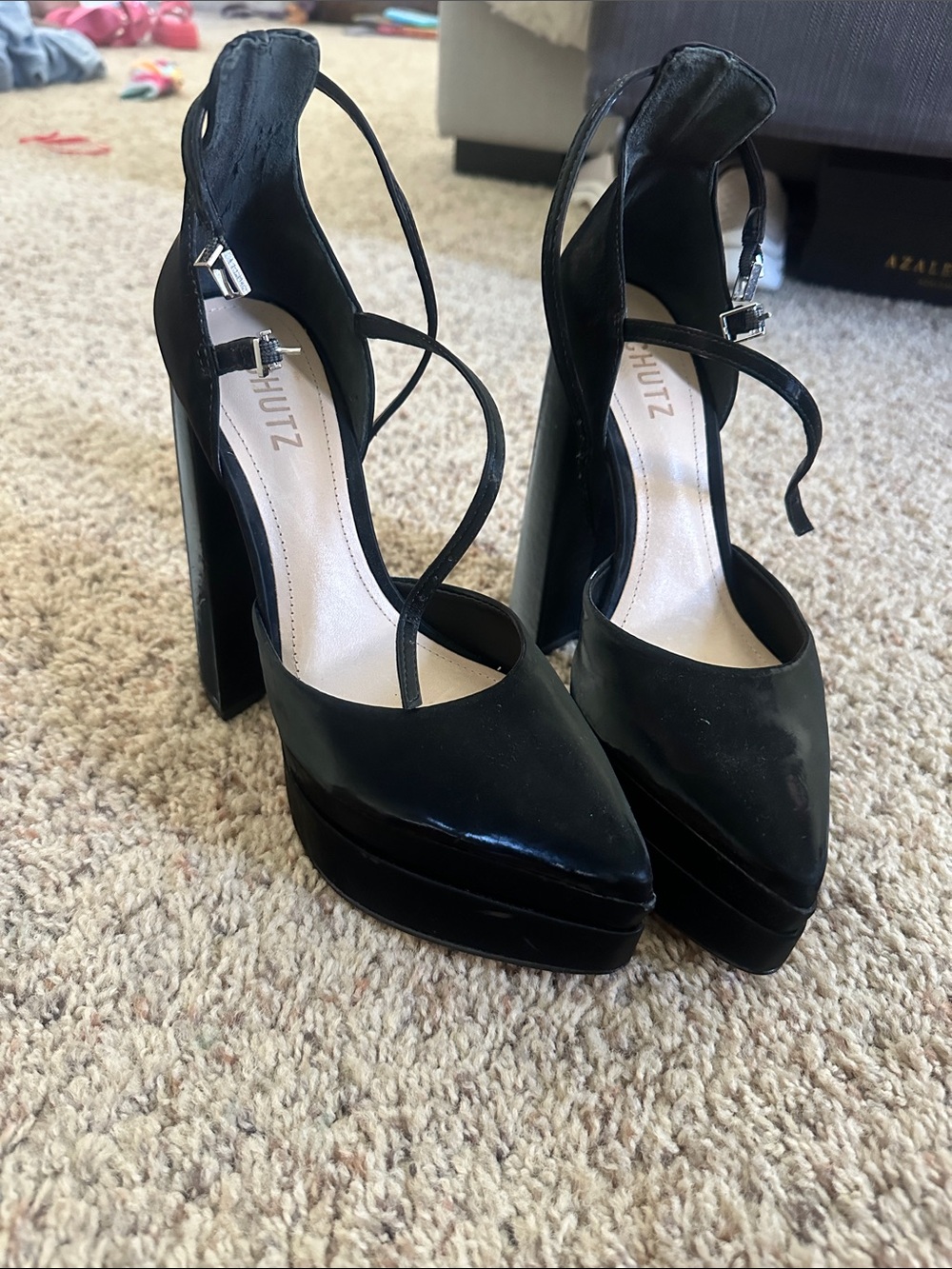 SCHUTZ Black Patent Platform Peep-Toe Pumps with Ankle Straps